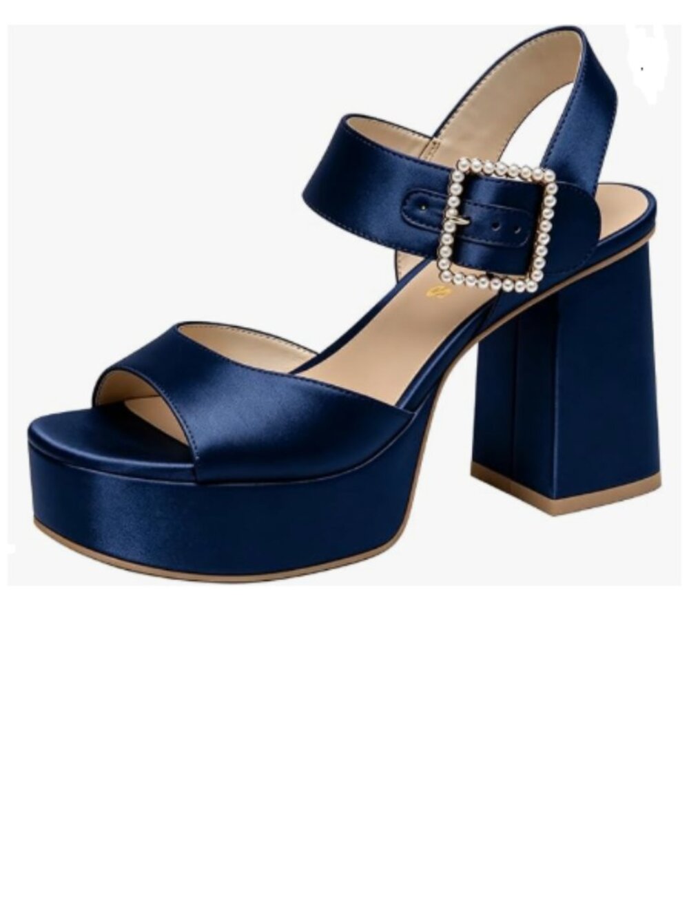FYS Navy Platform Round Toe Ankle Strap Block High Heels Pearl Studded Sandals